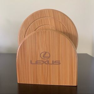 LEXUS Logo coaster stand & 4 grooved bamboo eco-wood coasters in box. Gift Idea!